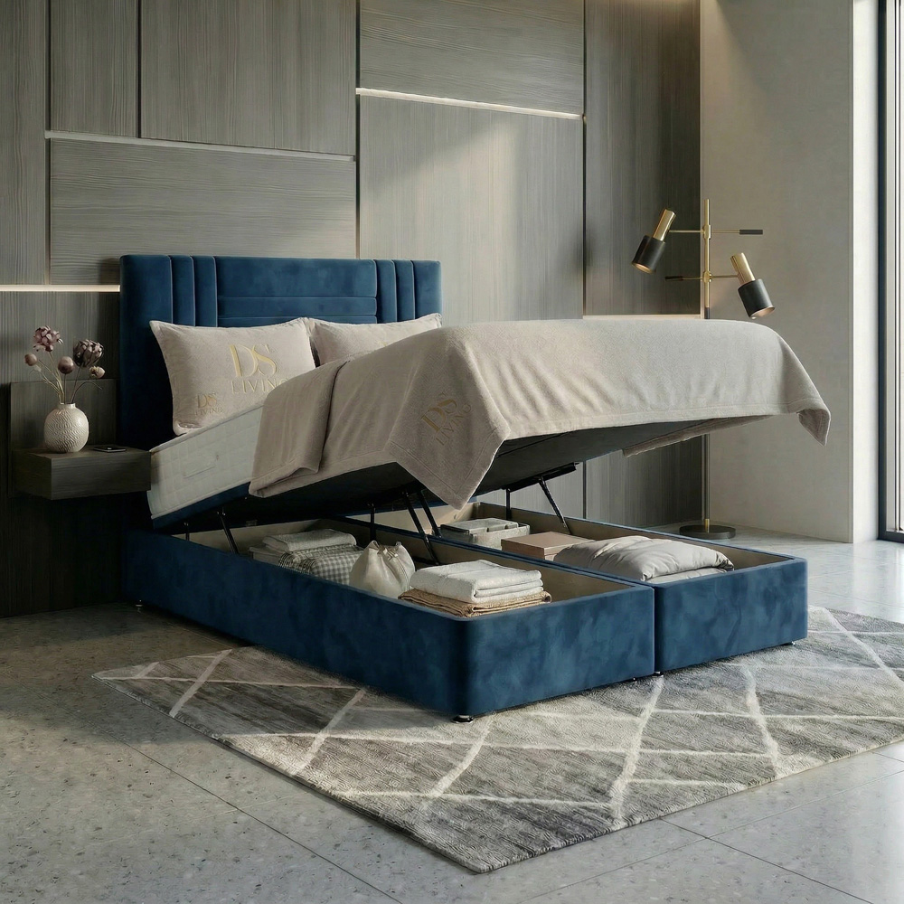 DS Living Orion King Size Blue Plush Ottoman Bed Image 2