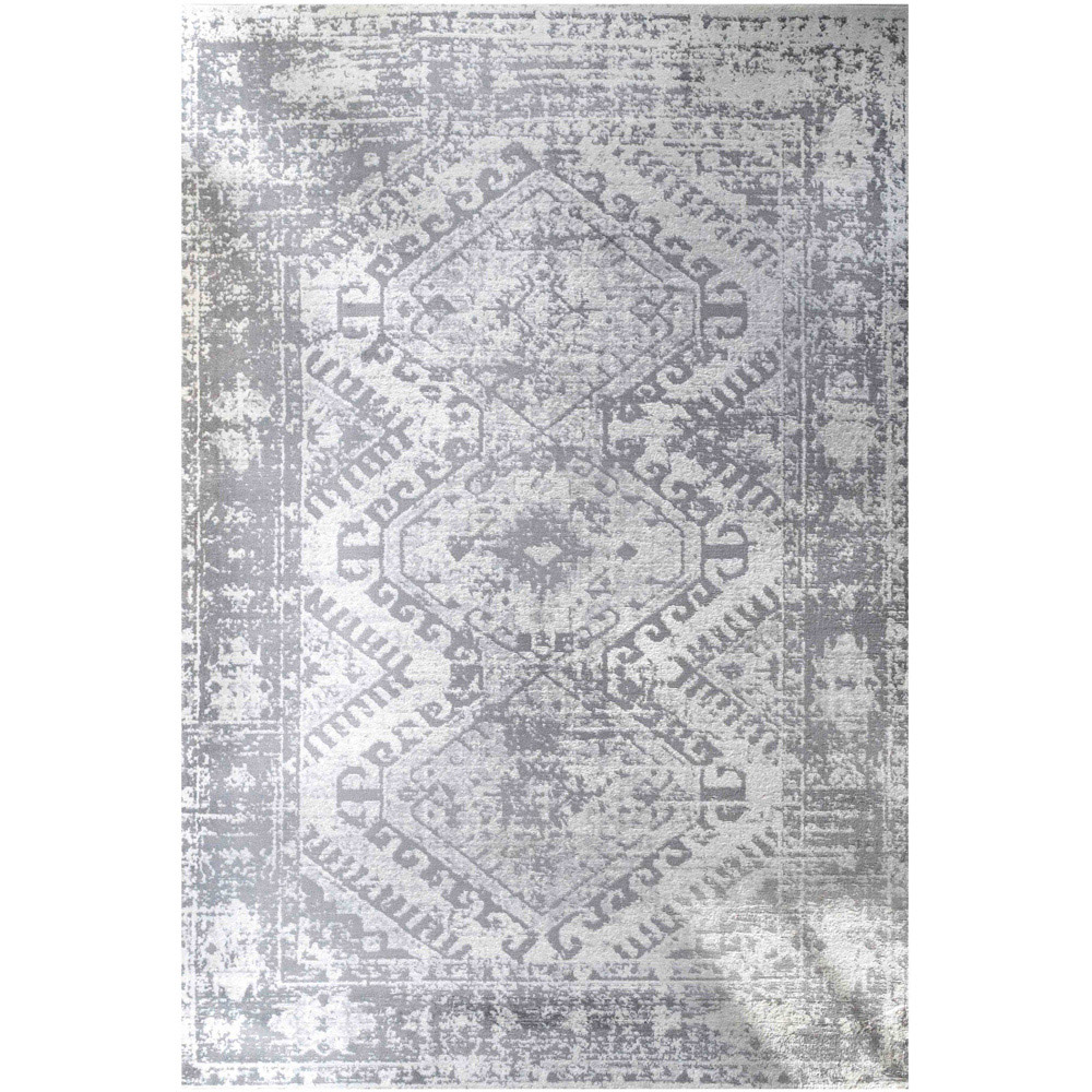 Kukoon Silver and Grey Bordered Geometric Distressed Rug 170 x 120cm Image 1