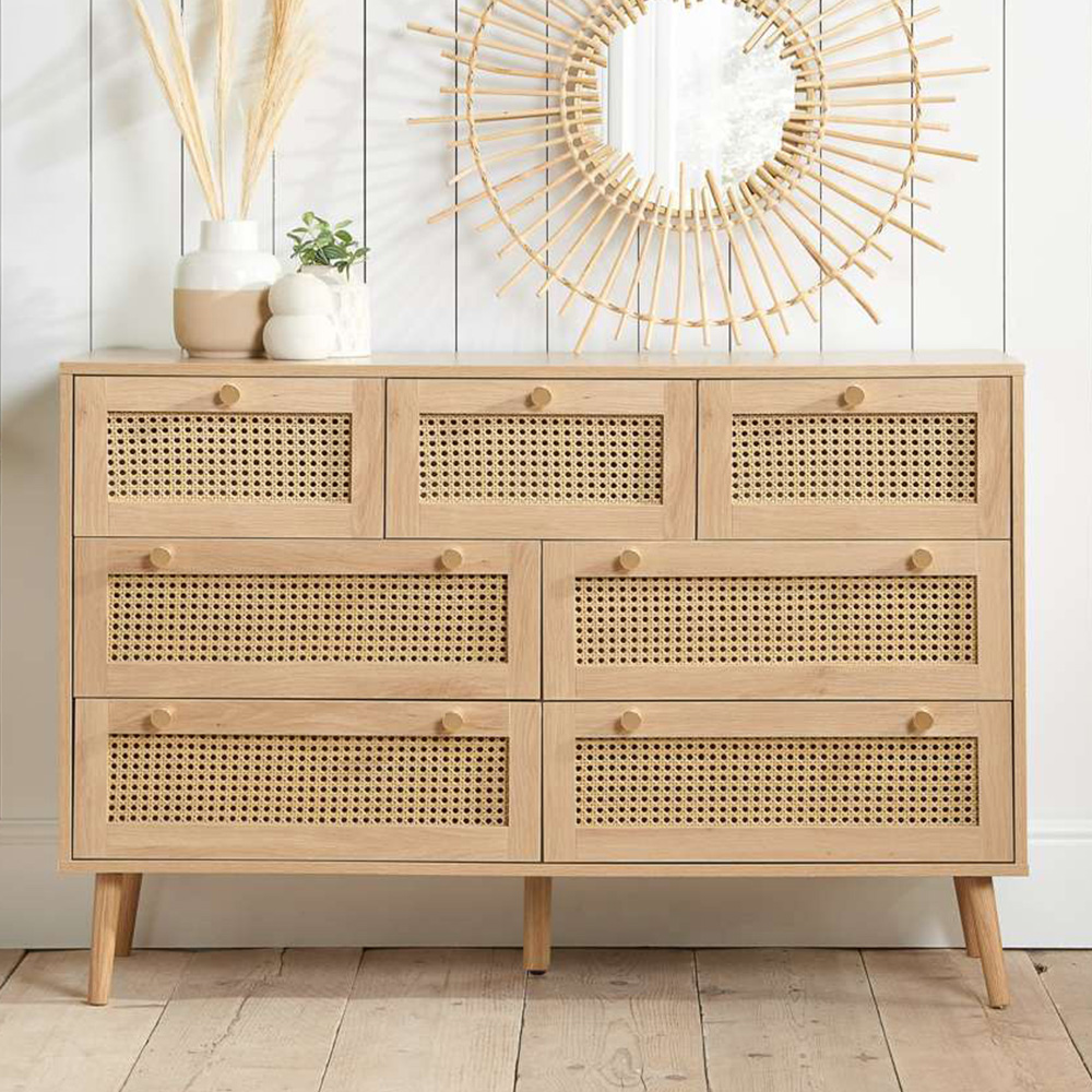 Croxley 7 Drawer Oak Rattan Chest of Drawers Image 1