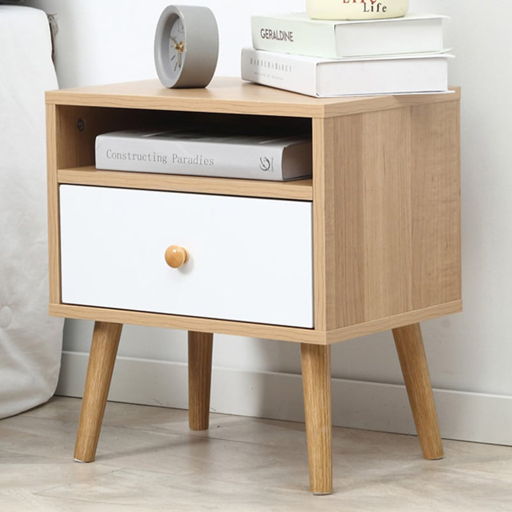 Portland Single Drawer White and Natural Bedside Table Image 1