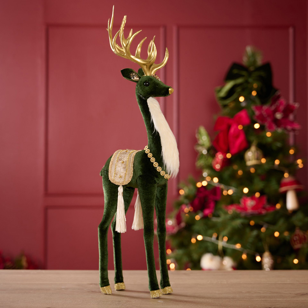 The Christmas Gift Co Green Velvet Standing Deer Decoration Image 2