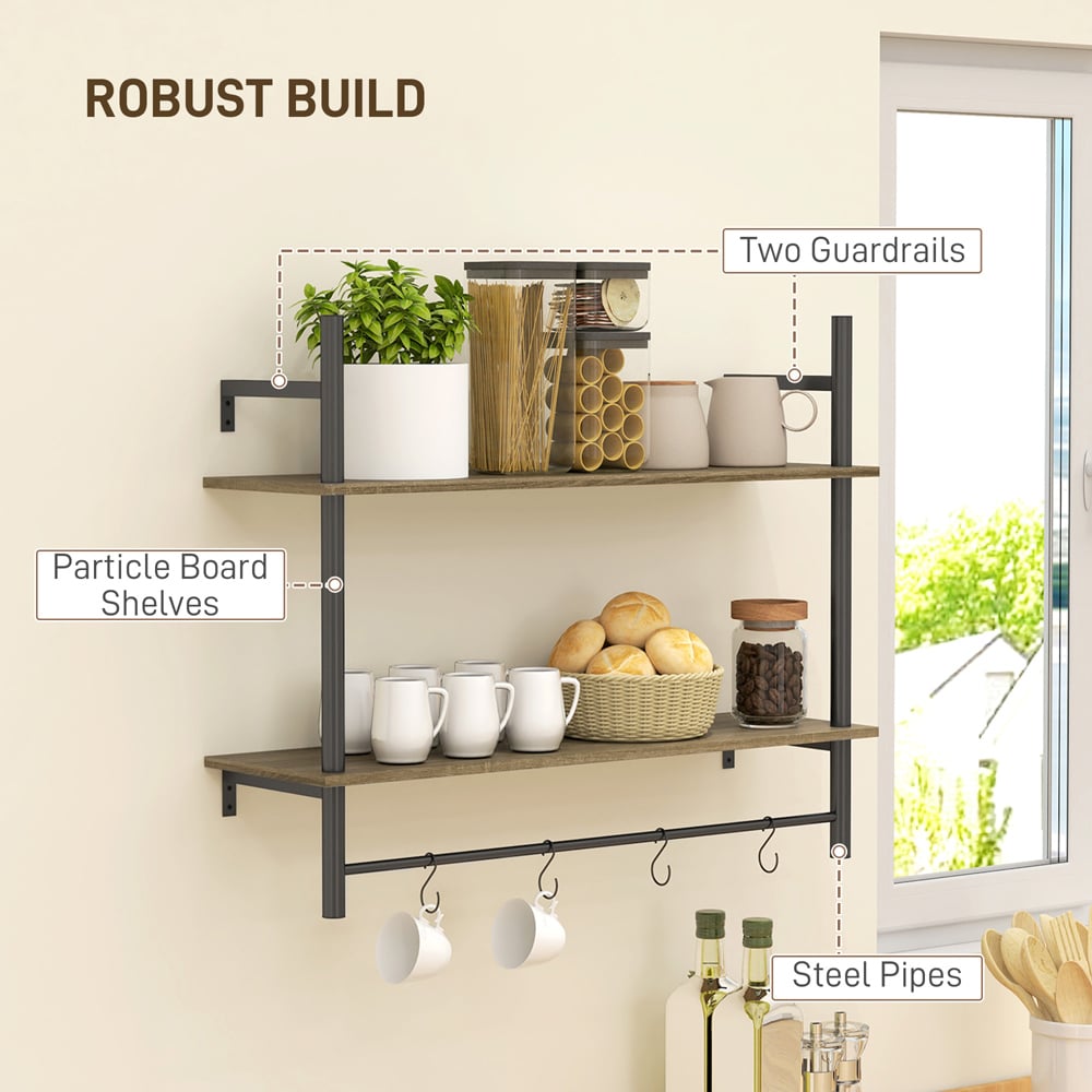 Portland 2 Tier Grey Wall Shelf Unit with 4 Hooks Image 8