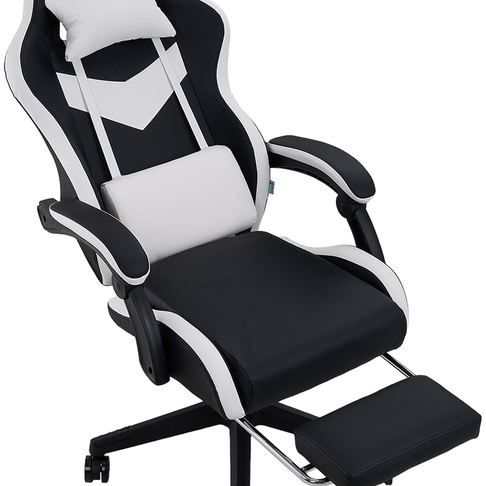 Living and Home White and Black Fabric Gaming Chair with Footrest Image 3