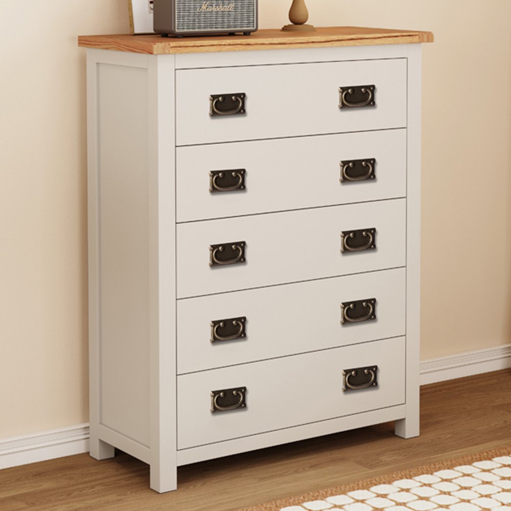 Cabinet Bits Lovere 5 Drawer White Brass Drop Handle Chest of Drawers Image 1