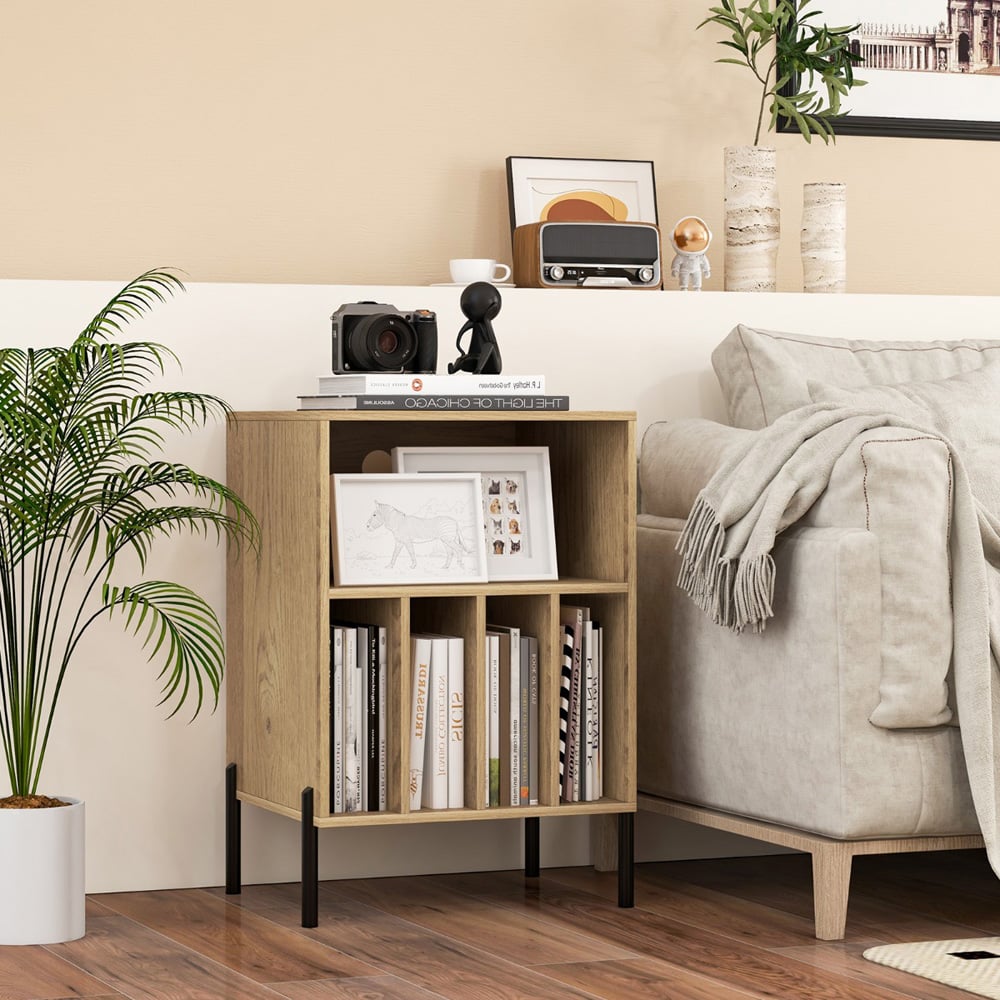 Costway 5 Compartment Natural Record Player Stand with Charging Station Image 3