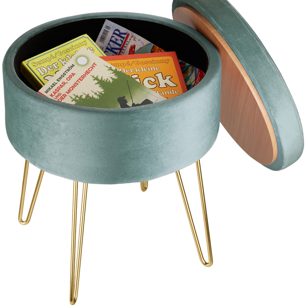 tectake Ava Turquoise Velvet Look Padded Round Stool with Storage Image 5