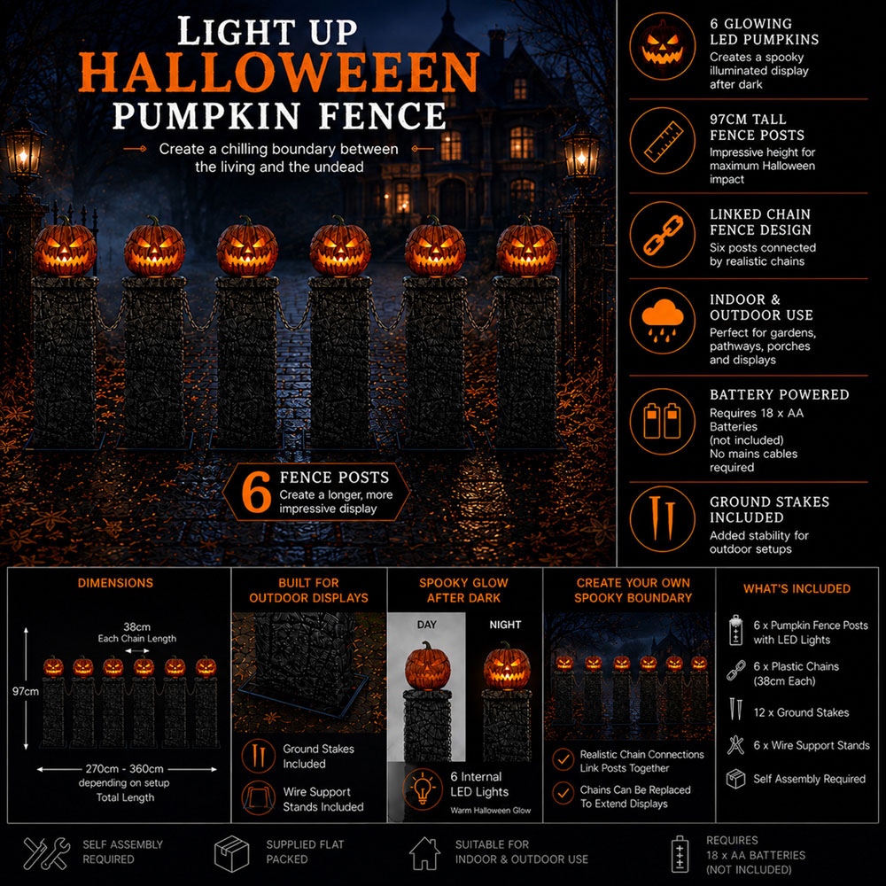 Samuel Alexander Battery Powered LED Light-Up Halloween Pumpkin Fence 97cm x 1.2m 2 Pack Image 9