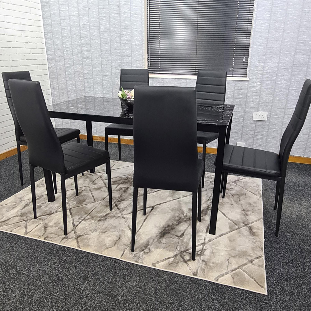 Portland Marble Effect Glass 6 Seater Leather Dining Set Black Image 3