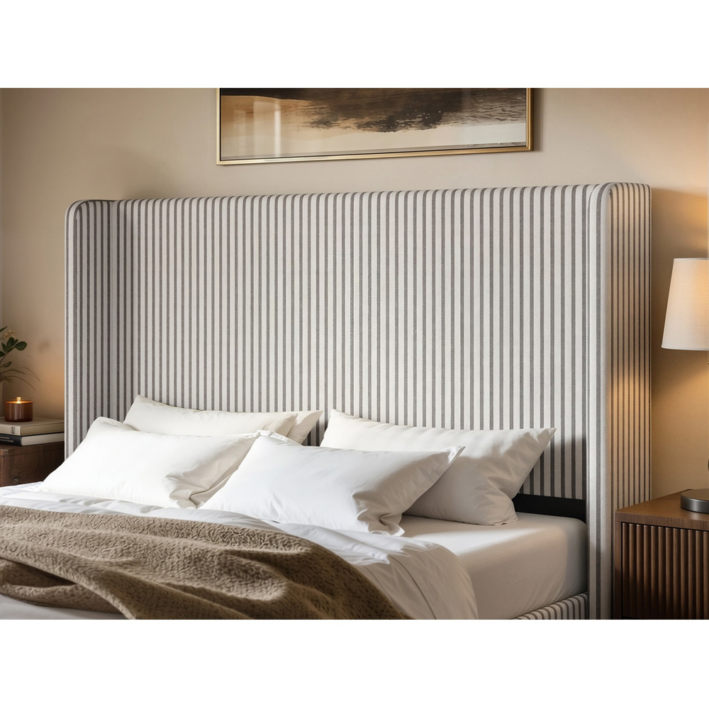 SOLACE+CO Jovanna Cream and Brown King Size Striped Woven Fabric Bed with Winged Headboard Image 6