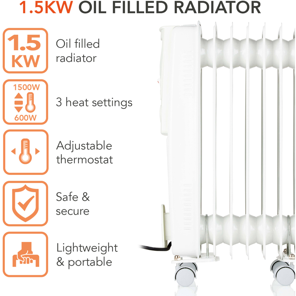 Warmlite 7 Fin White Oil Filled Radiator with Adjustable Thermostat 1500W Image 2