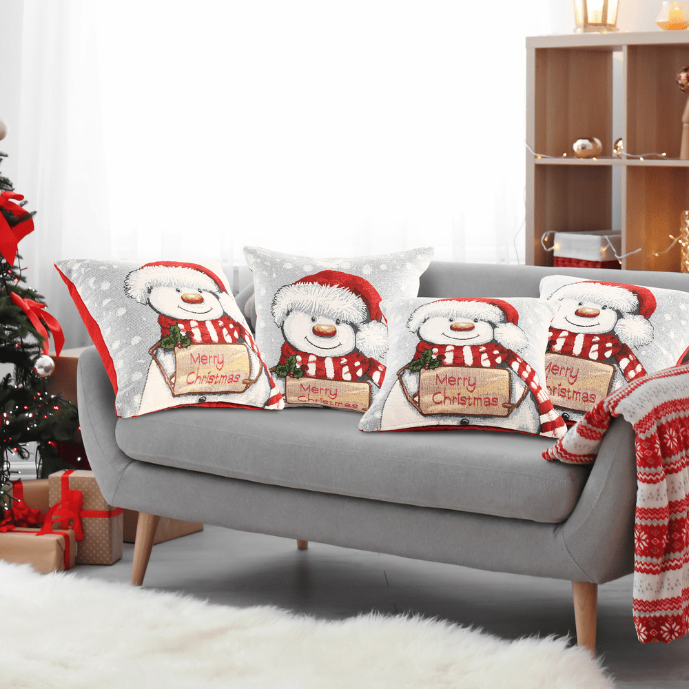Noel Square Merry Xmas Snowman Cotton Chenille Cushion Image 4