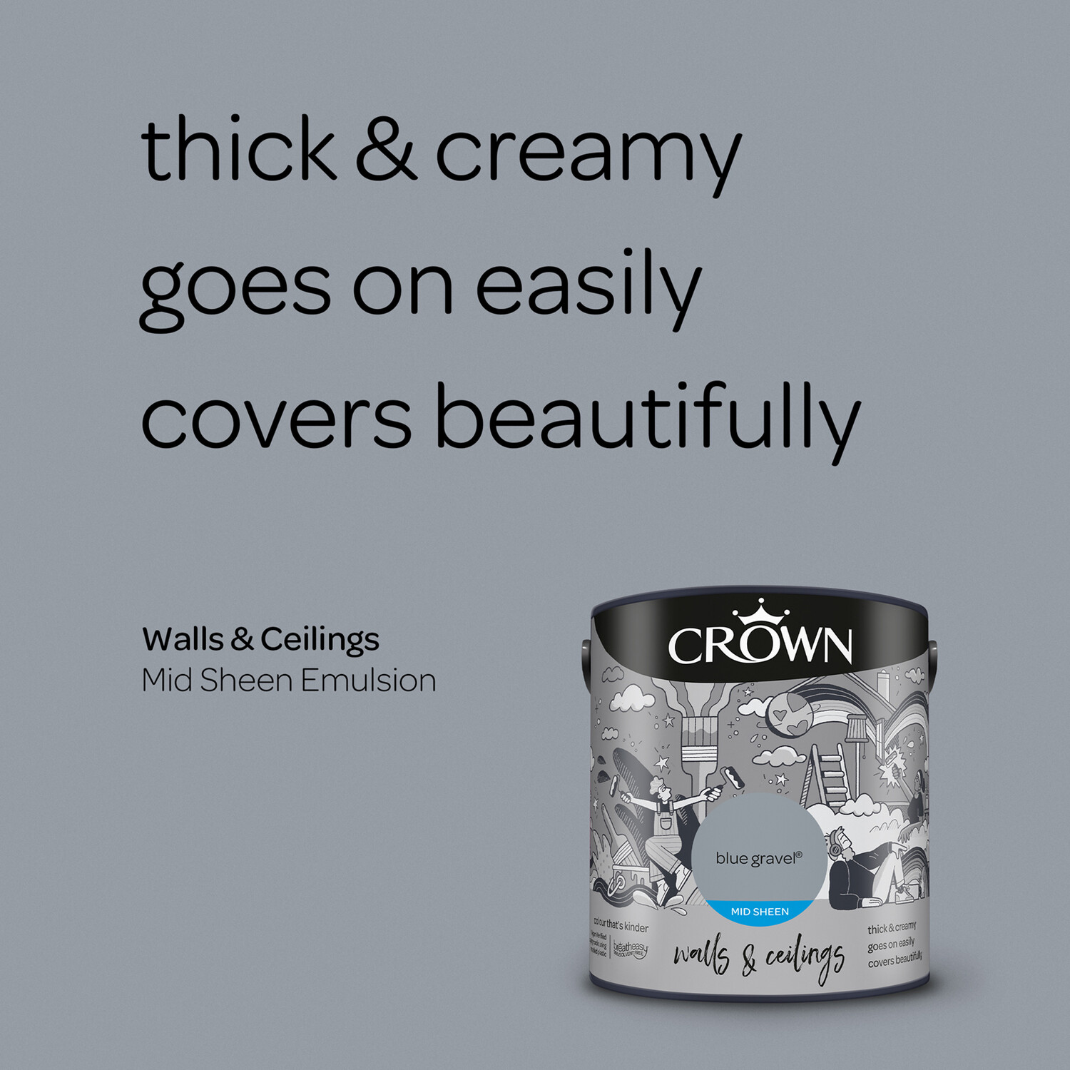 Crown Walls & Ceilings Blue Gravel Mid Sheen Emulsion Paint 2.5L Image 8