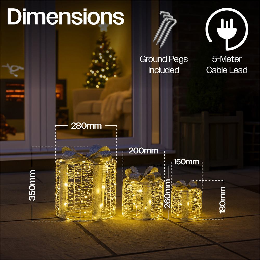 Xmas Haus Silver 100 Warm White LED Round Gift Box Christmas Decoration Set of 3 Image 8
