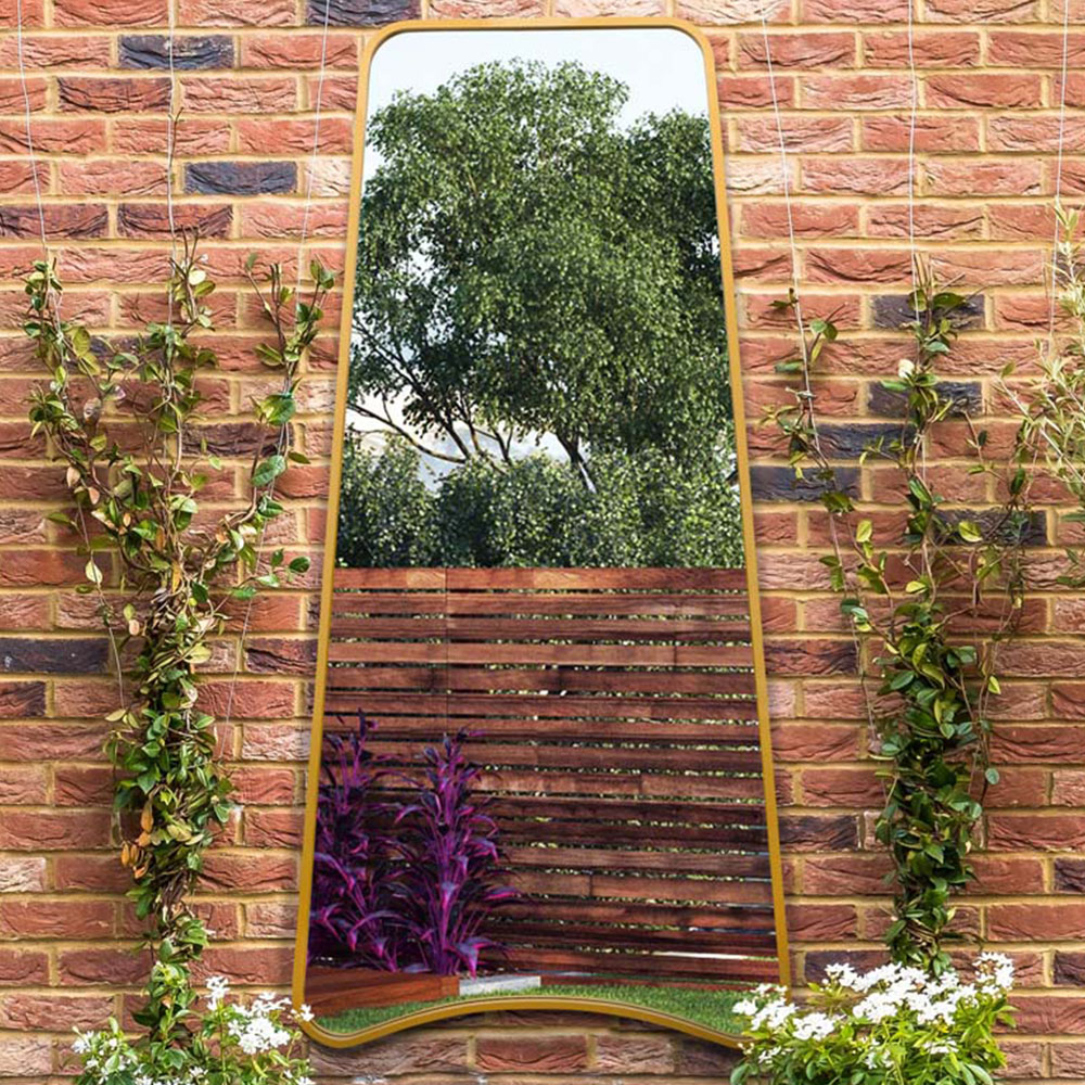 MirrorOutlet The Coartans Gold Metal Trapezoid Outdoor Garden Wall Mirror 200 x 85cm Image 2