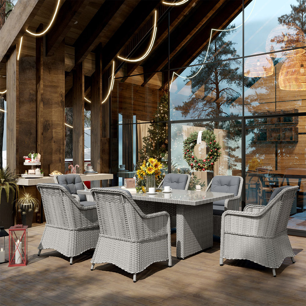 Outsunny 6 Seater Grey Rattan Garden Dining Set with Glass Top Table and Cushions Image 6