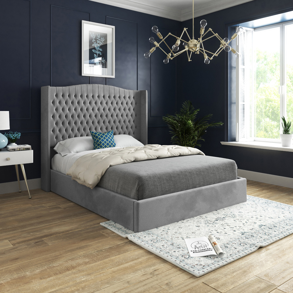 Rana Double Grey Soft Velvet Upholstered Bed Frame with Curved Top Winged Headboard Image 5