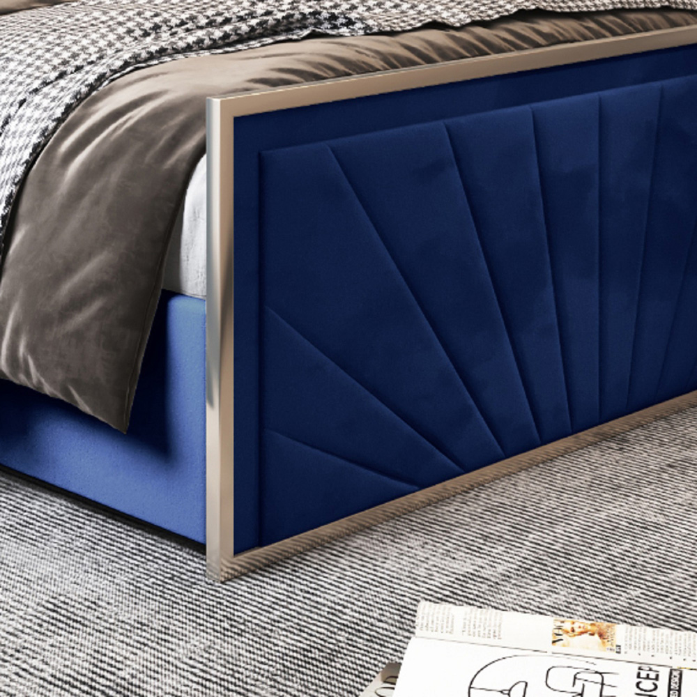 Roxy King Size Blue Soft Velvet Upholstered Metal Bed Frame with Chevron Headboard Image 4