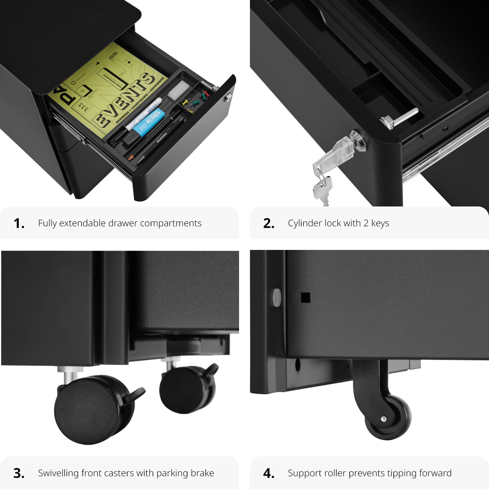 tectake Parvus 3 Drawer Black Lockable Filing Cabinet Image 6