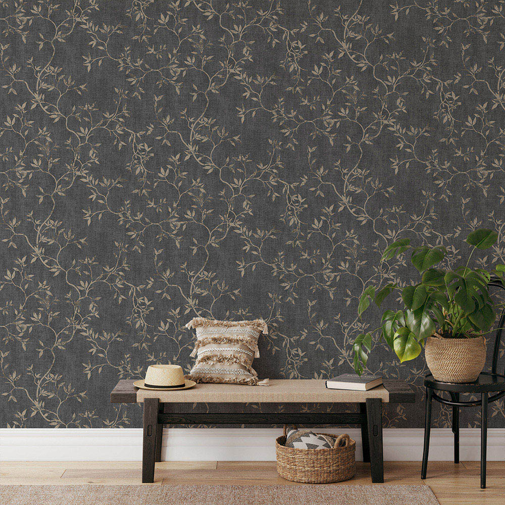 Muriva Japandi Leaf Charcoal and Gold Wallpaper Image 4