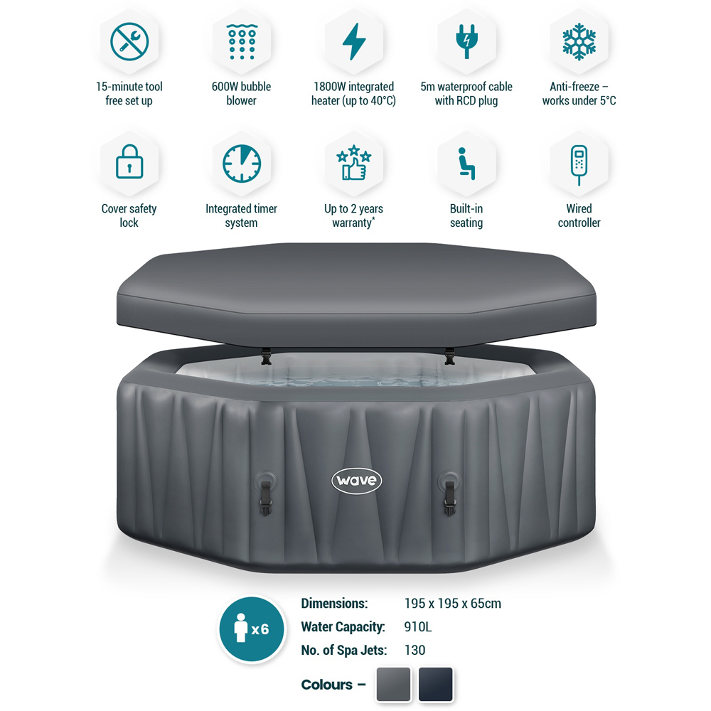 Wave Spas Aegean 6 Person Dark Grey Octagonal Inflatable Hot Tub with EnergySave Bundle Image 7