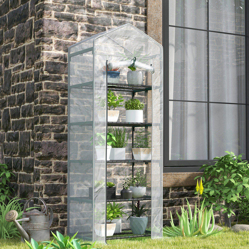 Outsunny White and Grey 5 Shelf PE Cover 2.2 x 1.6ft Mini Greenhouse with Roll Up Door Image 2