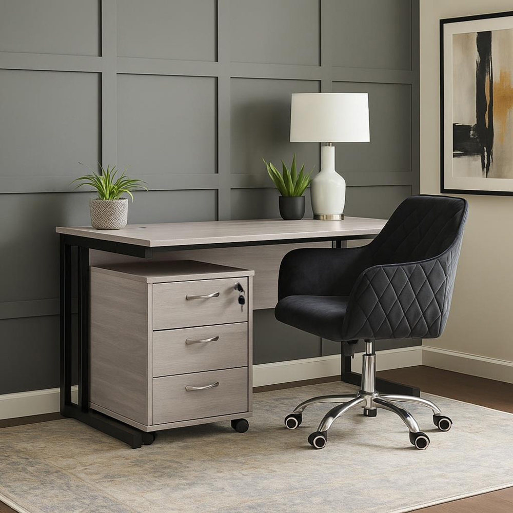Kosy Koala Grey Wooden Office Desk with Drawer Unit and Black Chair Image 9