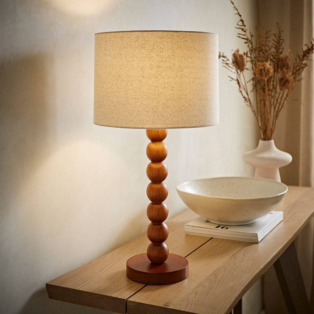 ValueLights Wyatt Natural Linen Drum Lamp Shade Walnut Wood Bobbin LED Table Lamp Image 6
