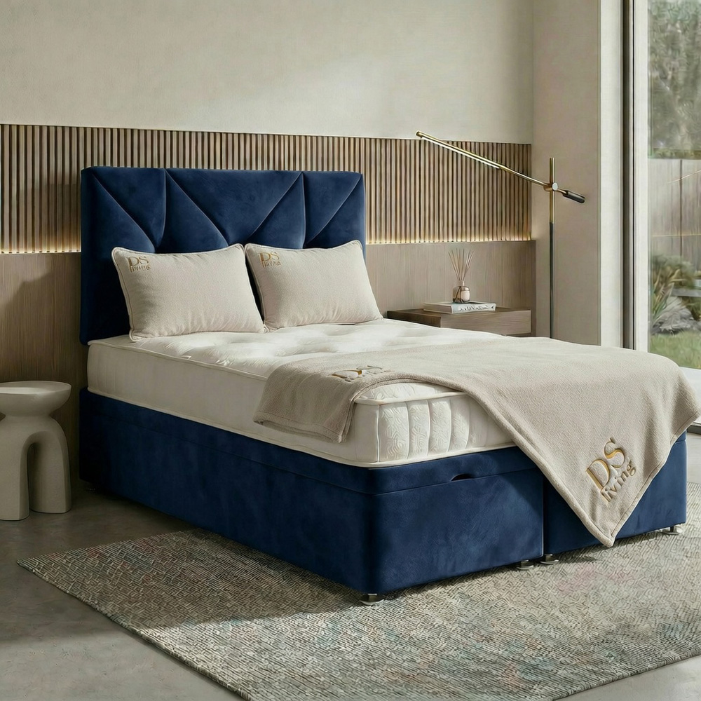 DS Living Eclipse Double Dark Blue Plush Velvet Ottoman Bed Image 6