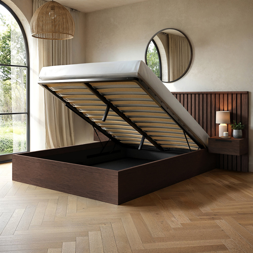 Solace+Co Taylor King Size Walnut Hotel Ottoman Bed with Side Table Image 4