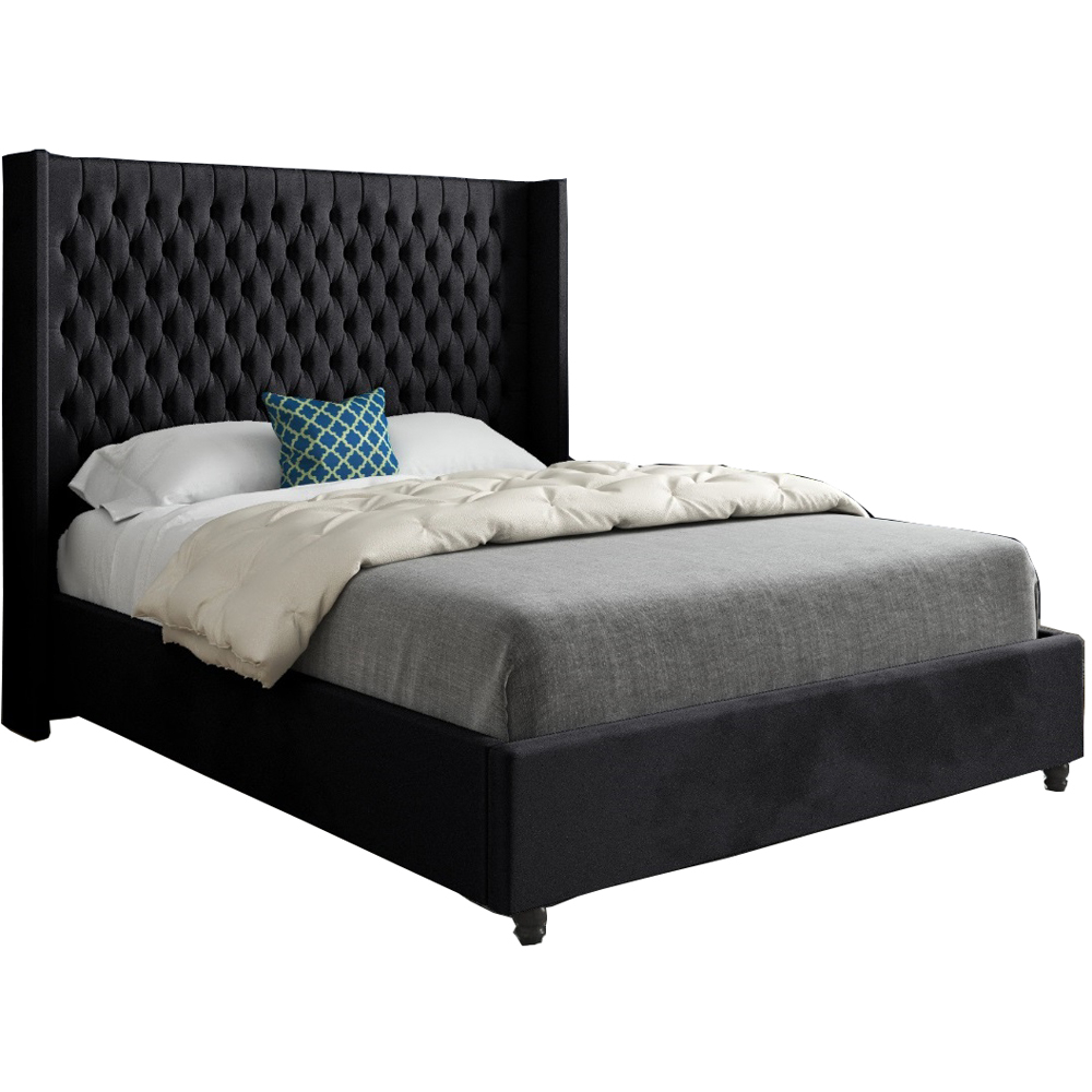 Volta Single Black Soft Velvet Upholstered Bed Frame with Straight Winged Headboard Image 2