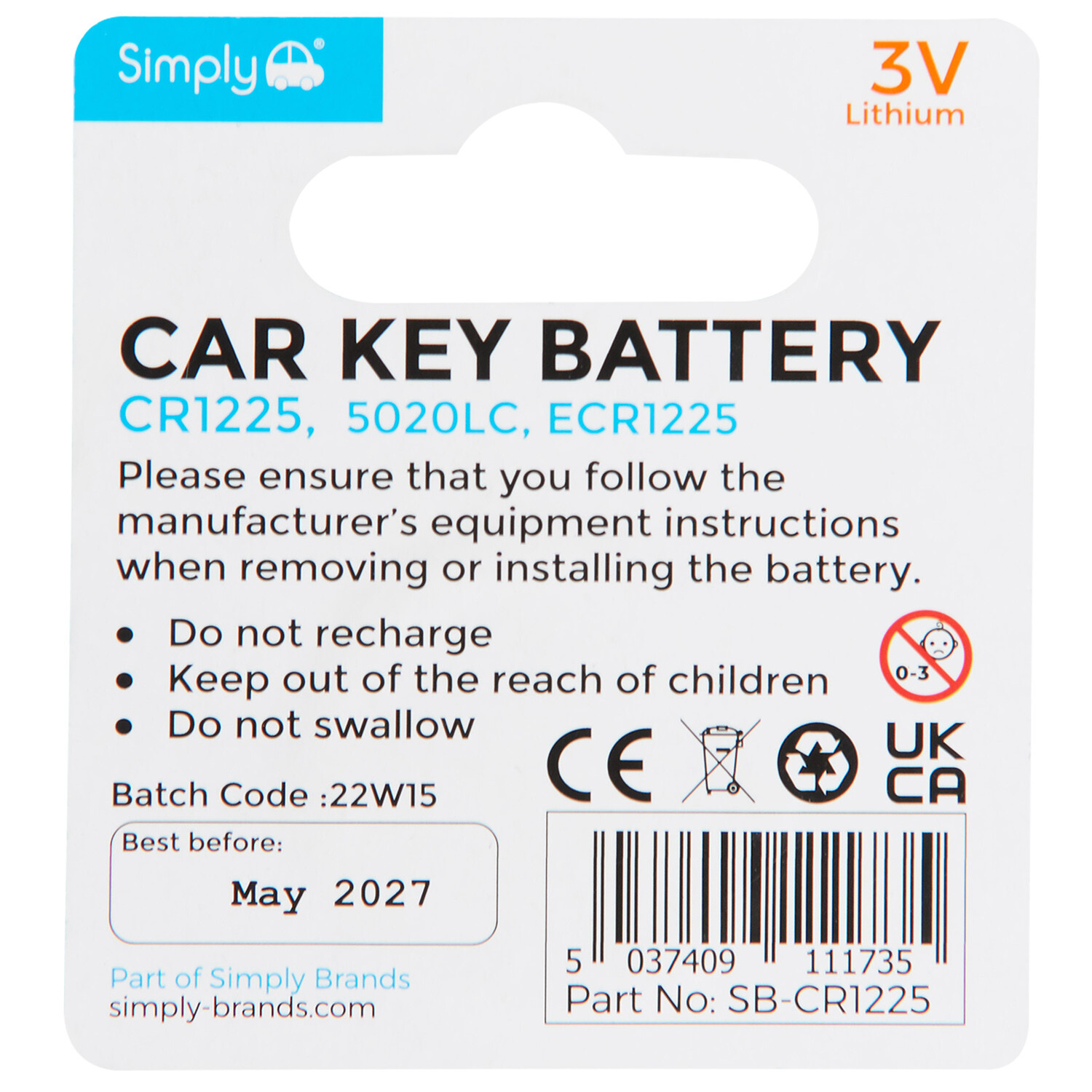 Simply Car Key Battery Coin - Black / 3V LI CR1225, 5020LC, ECR1225 Image 2
