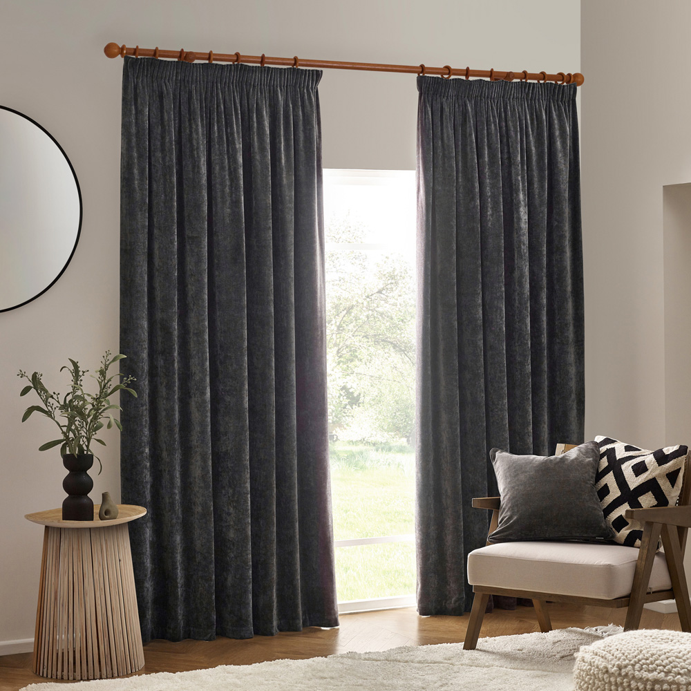 Yard Heavy Charcoal Chenille Velvet Pencil Pleat Curtains 229 x 229cm Image 5