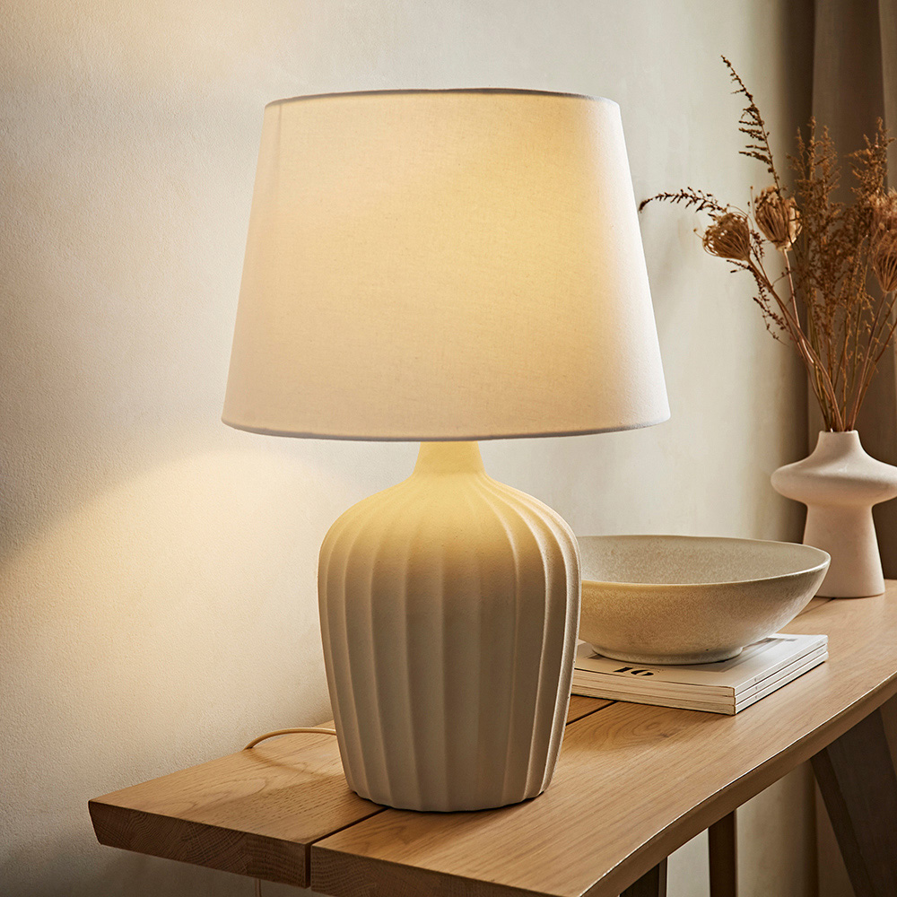 ValueLights Serena Natural Tapered Linen Lamp Shade Ribbed Ceramic Beige LED Table Lamp Image 6