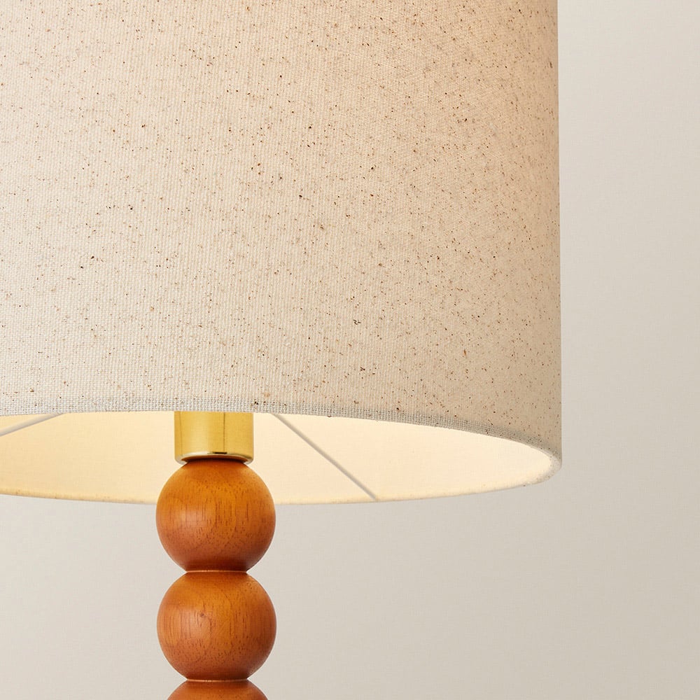 ValueLights Wyatt Natural Linen Drum Lamp Shade Walnut Wood Bobbin LED Table Lamp Image 3