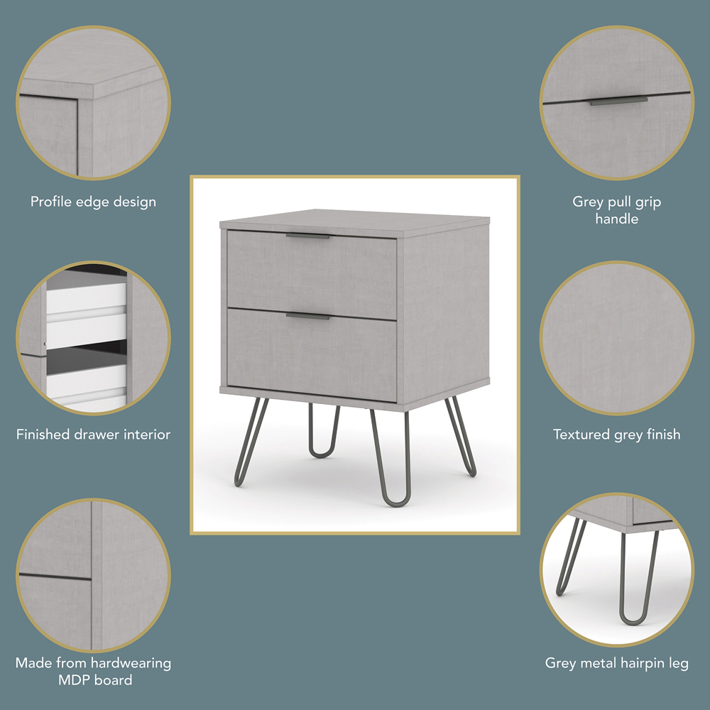 Augusta 2 Drawer Grey Bedside Table Image 7