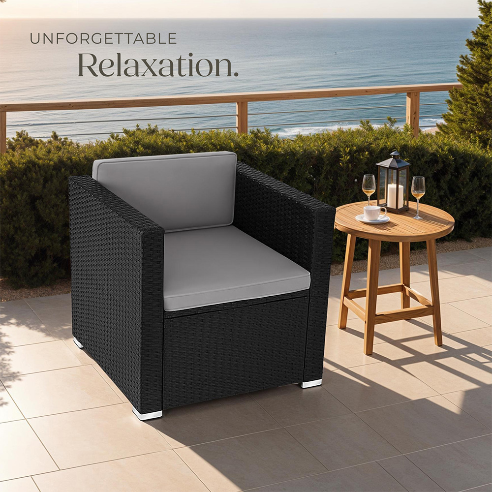 tectake Lignano Black Rattan Garden Armchair with Seat and Back Cushions Image 6