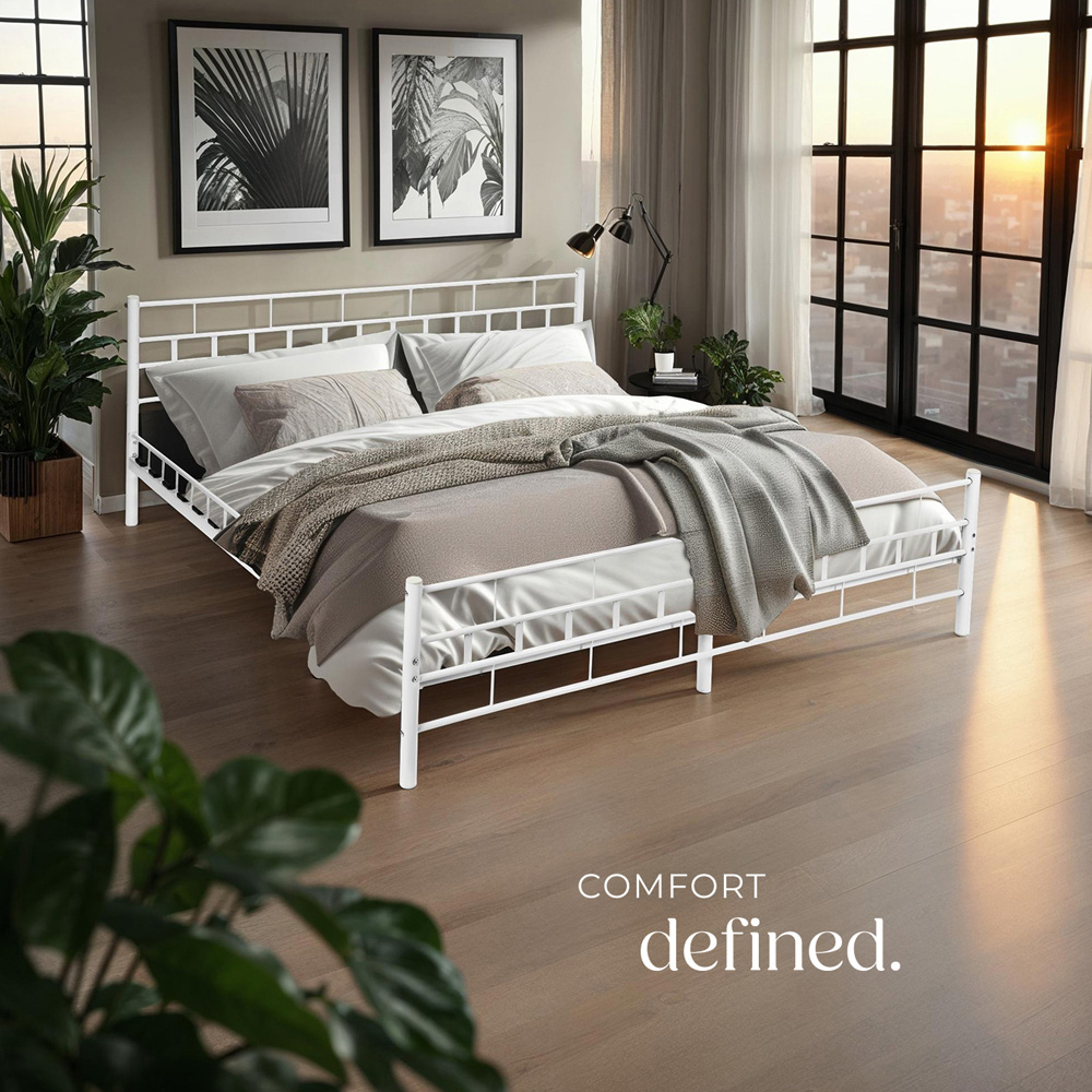 tectake King Size White Metal Bed Frame with Slatted Base Image 3