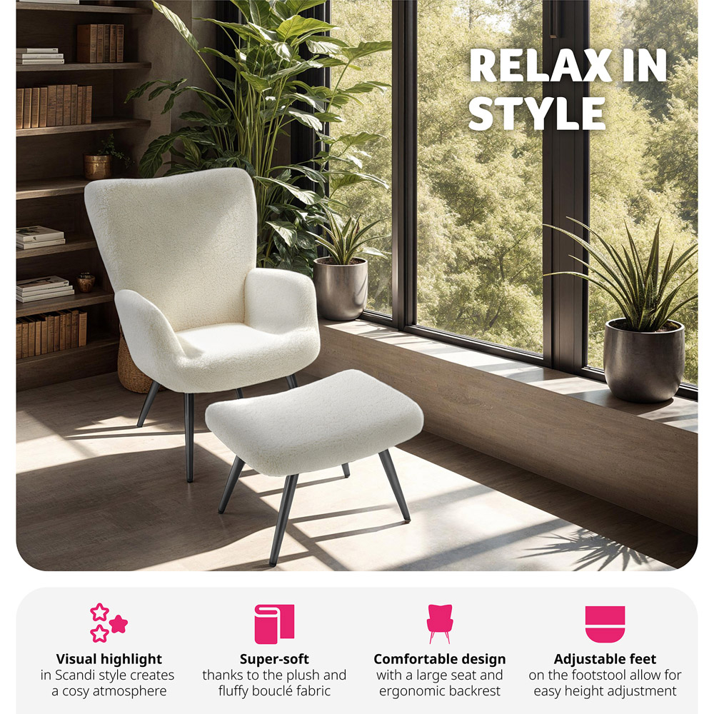tectake Hygge Cream and Black Boucle Padded Armchair with Stool Image 4