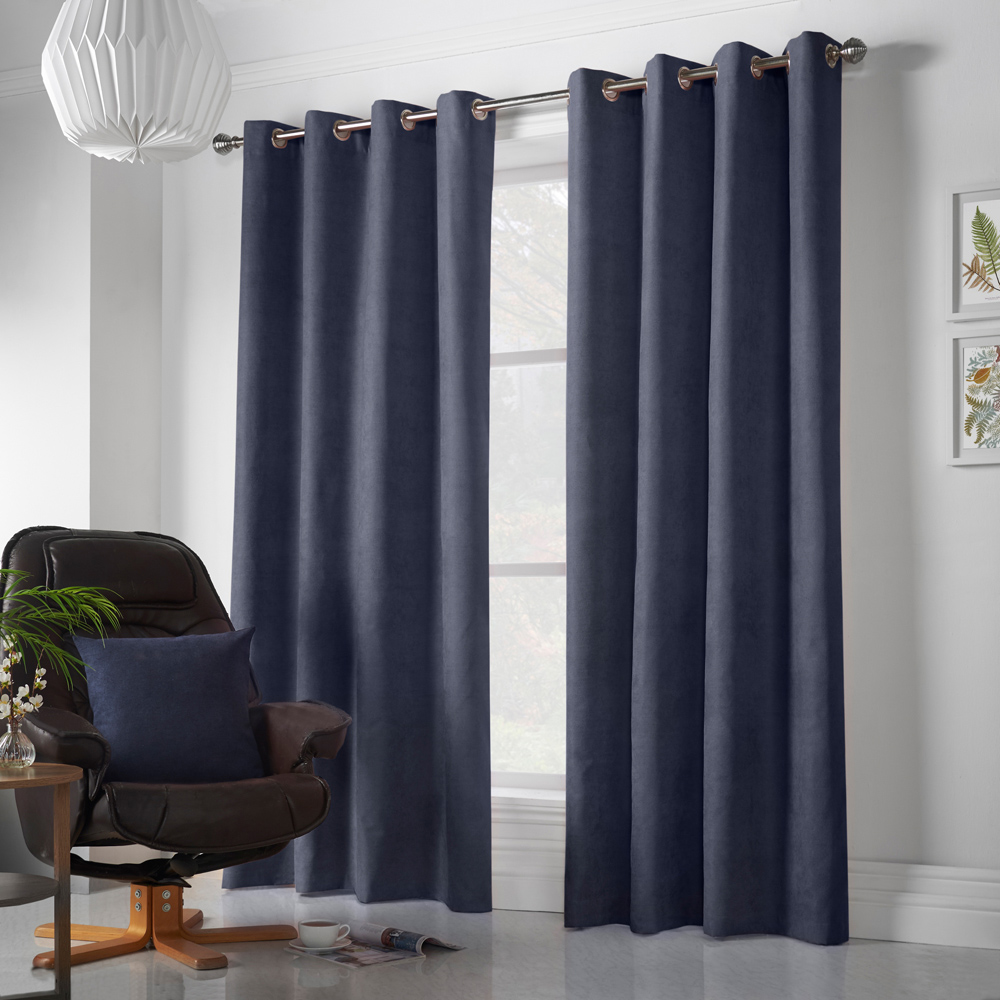 Alan Symonds Navy Velvet Chenille Ring Top Eyelet Curtains 142 x 183cm Image 4