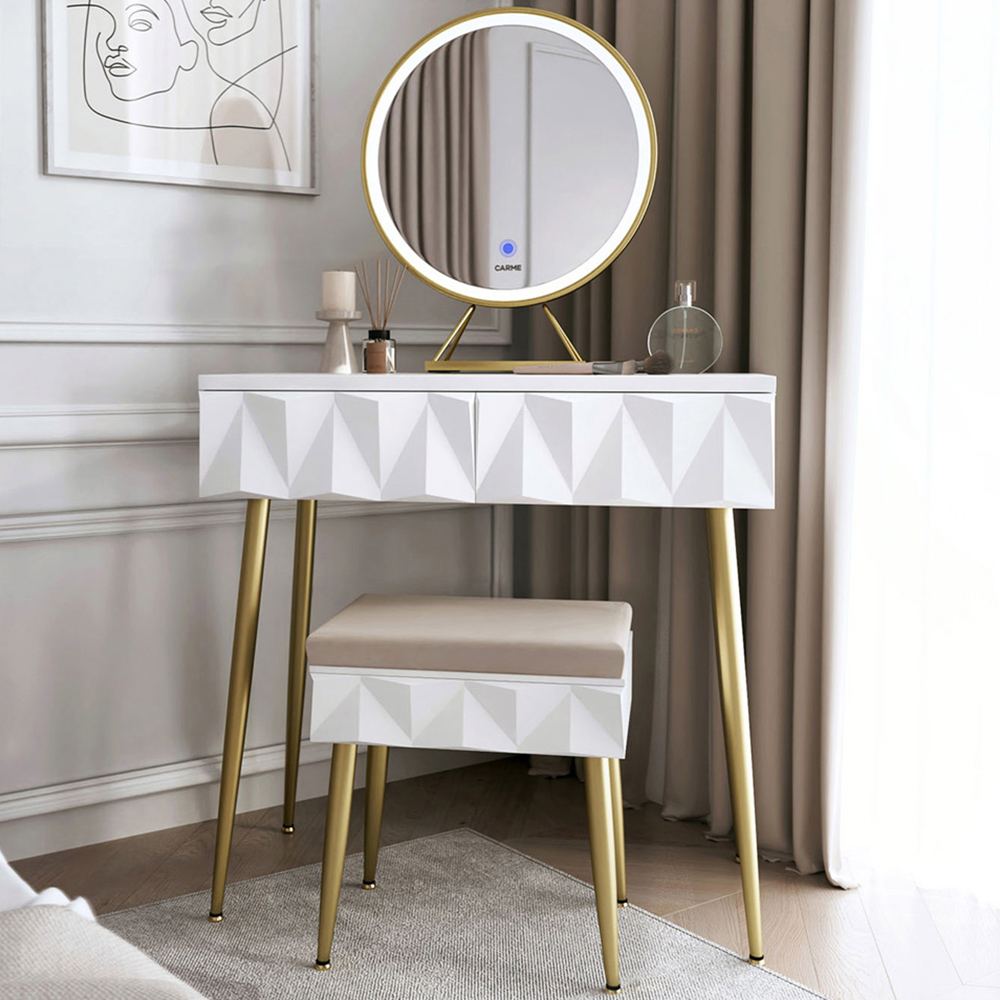 CARME Home Montana 2 Drawer White and Gold Dressing Table Set with LED Mirror Image 1