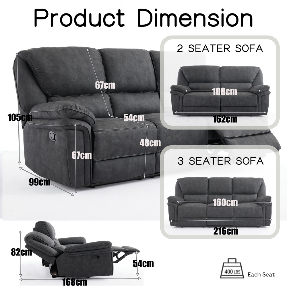 Langham 5 Seater Dim Grey Leathaire Manual Recliner Sofa Set Image 9