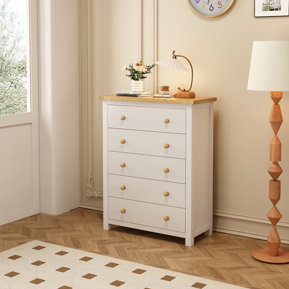 Cabinet Bits Maggiori 5 Drawer White Wood Knob Chest of Drawers Image 8