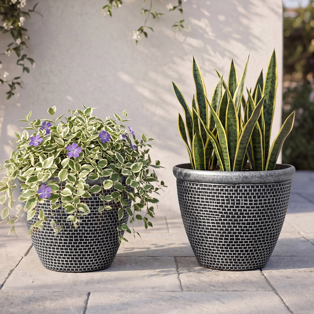TOQUE Black Antique and Silver Effect Plastic Garden Plant Pot with Drainage Holes 30cm 2 Pack Image 3