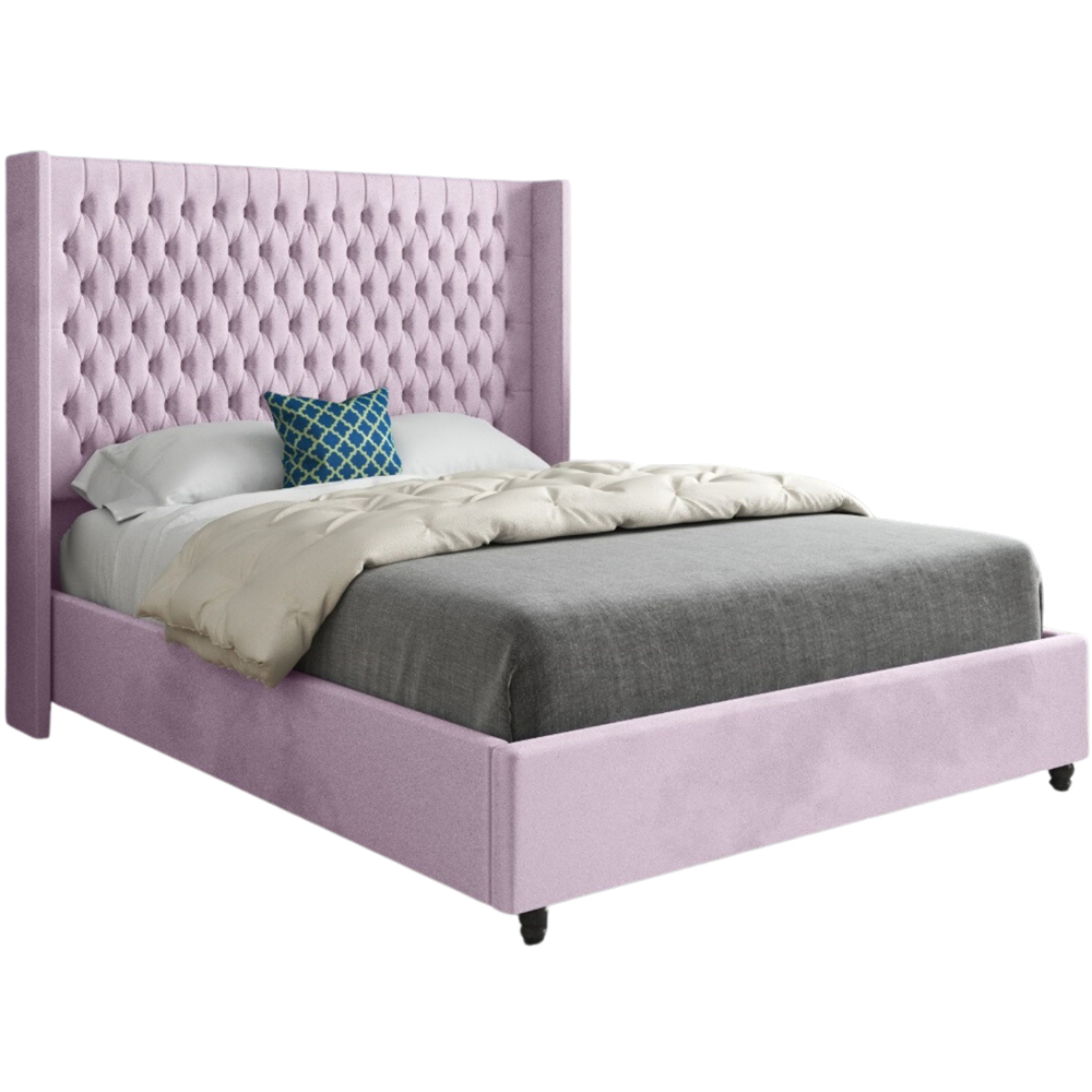 Volta Double Pink Soft Velvet Upholstered Bed Frame with Straight Winged Headboard Image 2