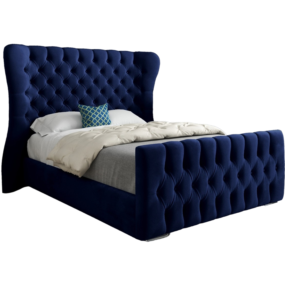 Parma King Size Blue Soft Velvet Upholstered Bed Frame with Curved Winged Headboard Image 2
