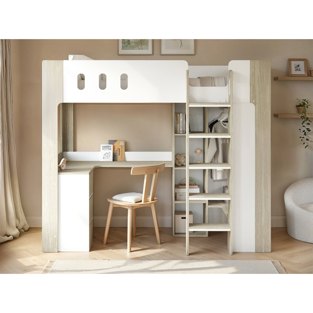 Flair Willow White and Oak High Sleeper Bed with Desk and Storage Image 3