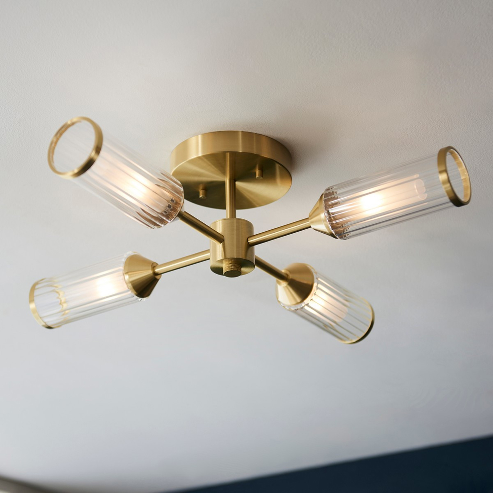 Merano Trieste Clear and Frosted Glass Satin Brass Plate Multi Arm Semi Flush Ceiling Lamp Image 2