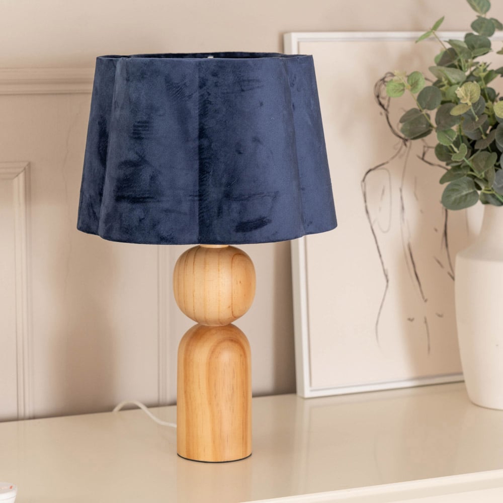 ValueLights Azalea Navy Blue Velvet Scallop Shade Rustic Wooden LED Table Lamp Image 3