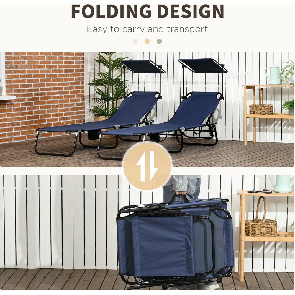 Outsunny Set of 2 Dark Blue Adjustable Folding Sun Lounger with Sunshade Roof Image 6