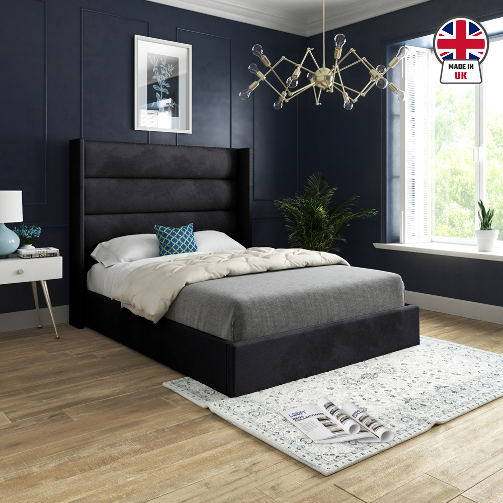 Nuno Black Single Velvet Upholstered Bed Frame with Straight Winged Headboard Image 6
